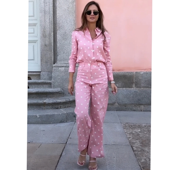Zara 2 pcs linen blend polka dot shirt + pants set - Picture 6 of 8